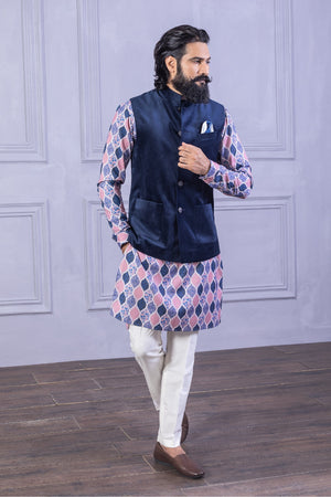 Velvet Vest & Printed Dark Blue Kurta