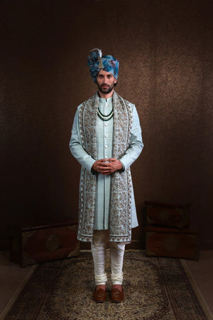 Baby Blue Sherwani with Garden Shawl