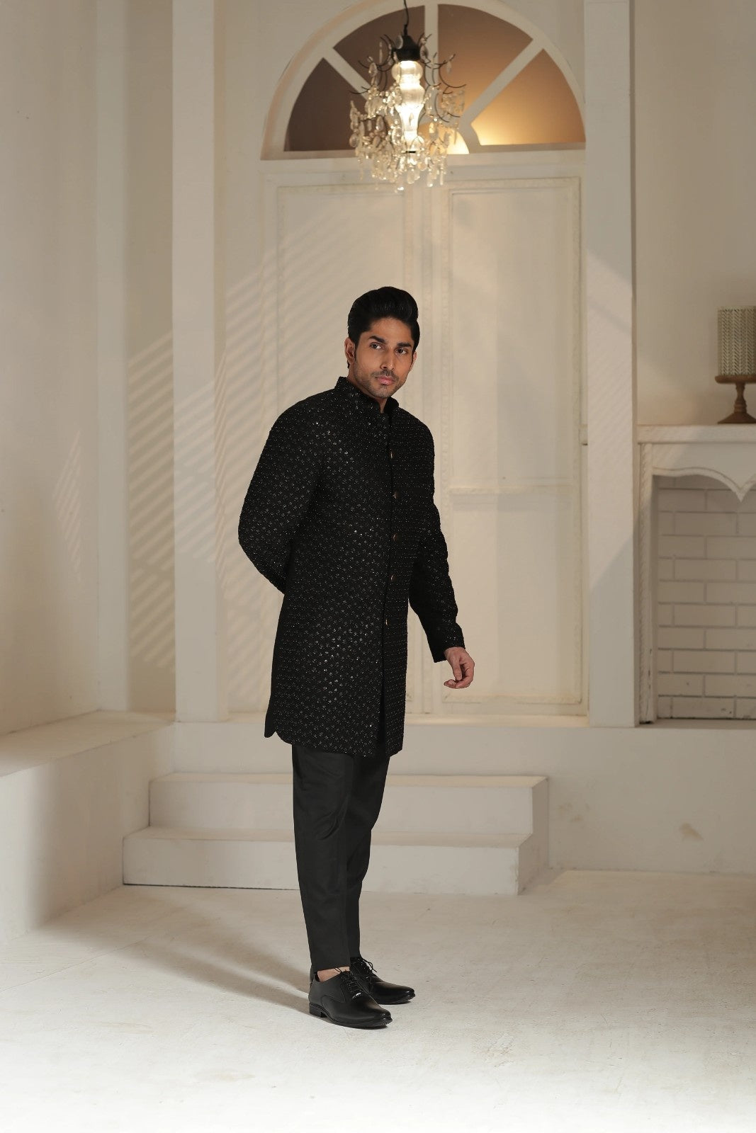 Black Golden Leaf Sherwani