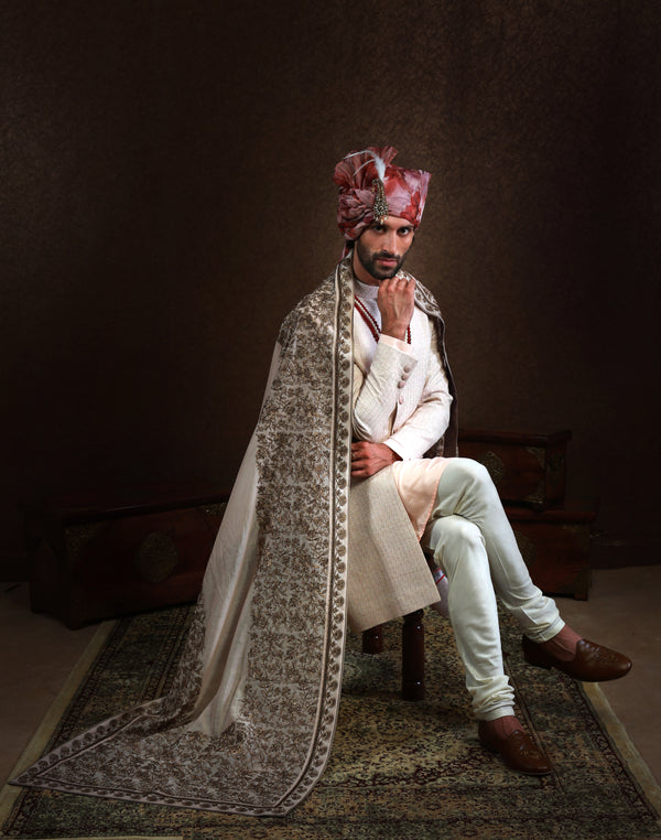 Ivory Sherwani with Garden Shawl