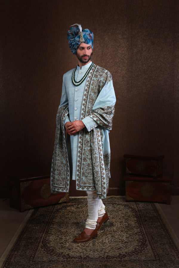 Baby Blue Sherwani with Garden Shawl