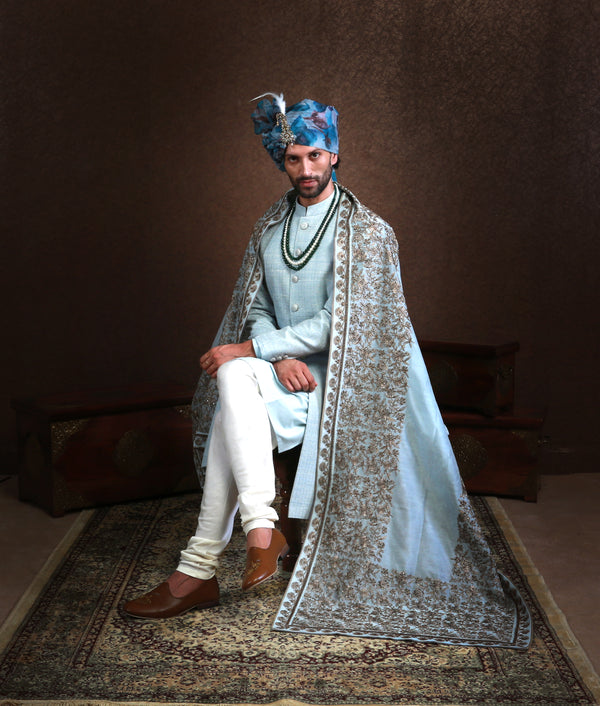 Baby Blue Sherwani with Garden Shawl
