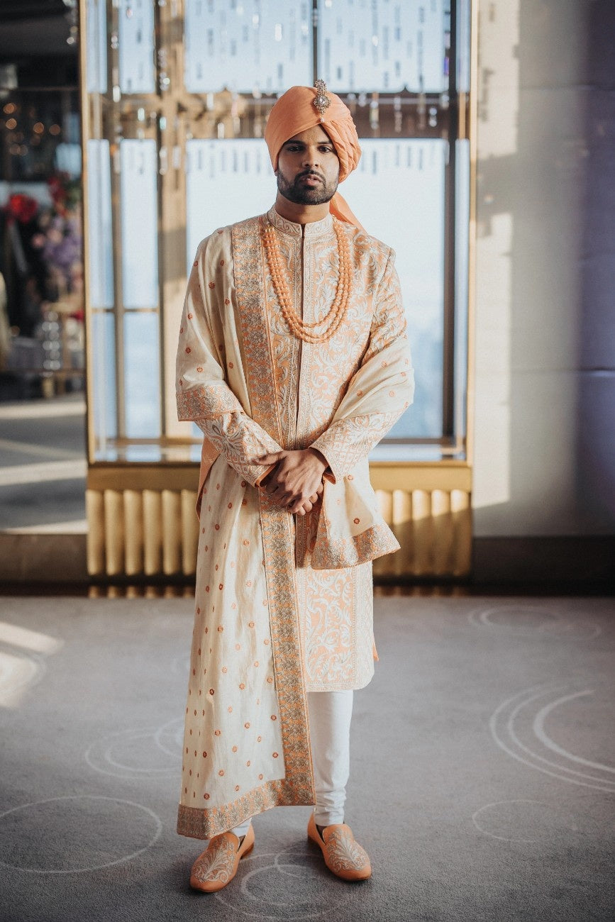 Coral Peach Majesty Sherwani – Indian Wedding Dresses for Grooms in Chicago