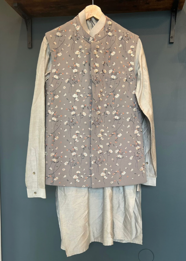 Grey Floral Vest + Kurta