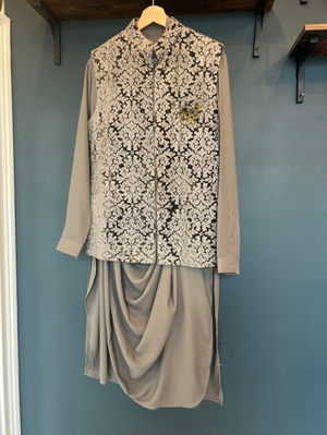 Grey & Black Vest + Drapped Kurta