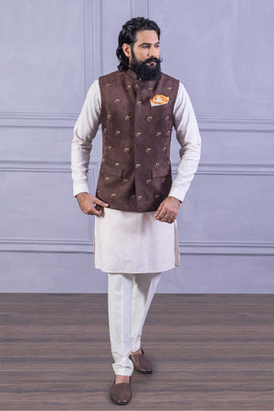 Brown Suede Embroidered Vest Set