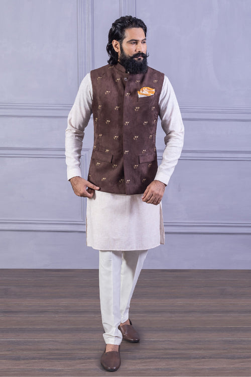 Brown Suede Embroidered Vest Set