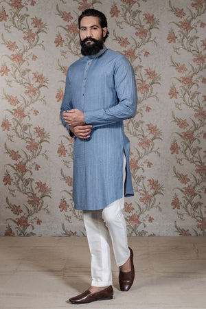 Pintuck Kurta & Blue Vest Set