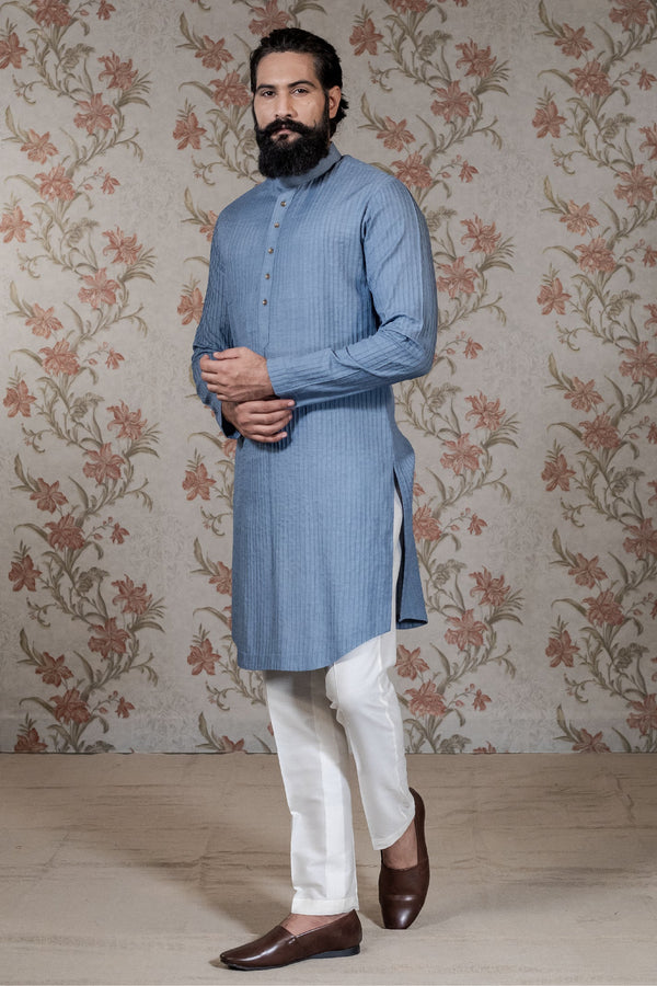 Pintuck Kurta & Blue Vest Set