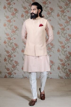 Peach Kurta with Embroidered Silk Waistcoat