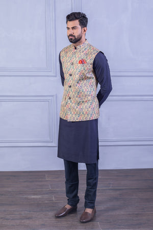 Printed Vest & Solid Dark Blue Kurta