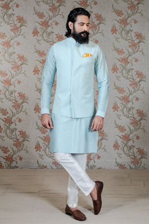 Embroidered Vest & Plain Blue Kurta Set