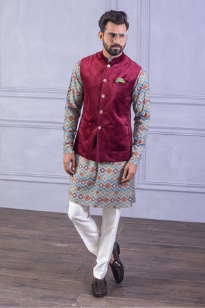 Velvet Vest & Printed Red Kurta