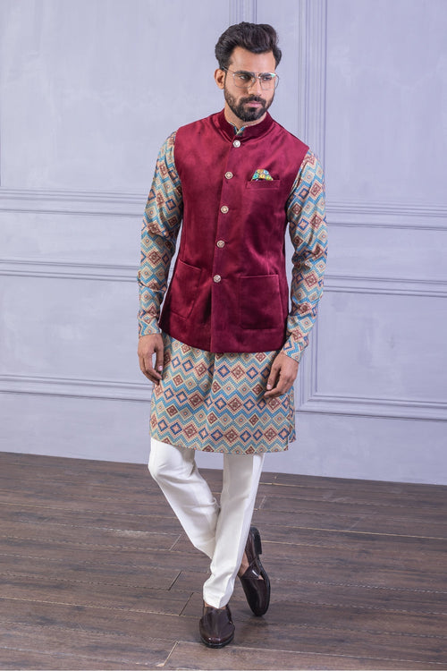 Velvet Vest & Printed Red Kurta