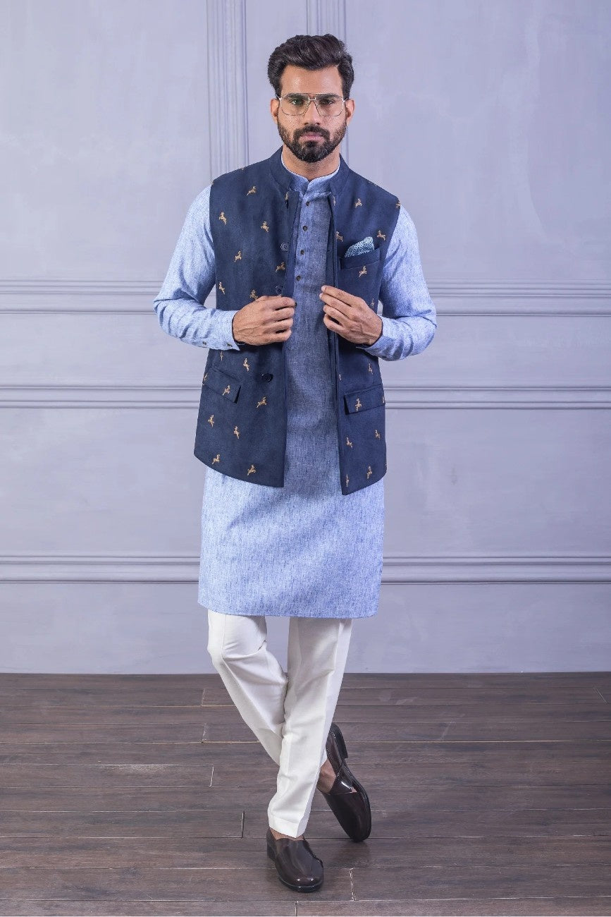 Blue Linen Kurta with Embroidered Suede Waistcoat