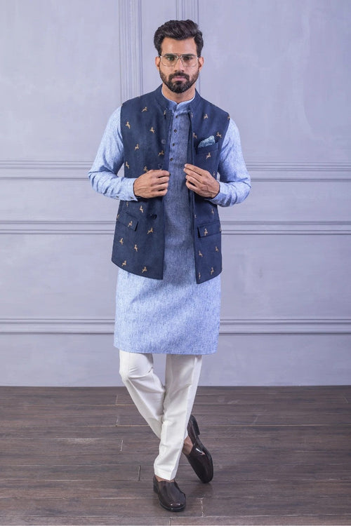 Blue Linen Kurta  with Embroidered Suede Waistcoat