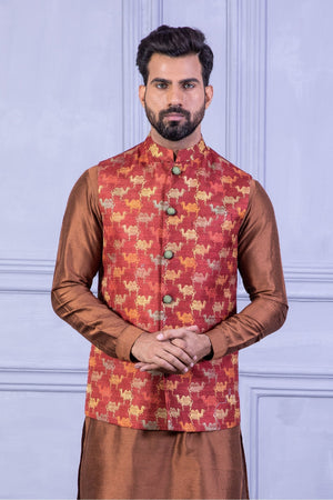 Printed Vest & Solid Red Kurta
