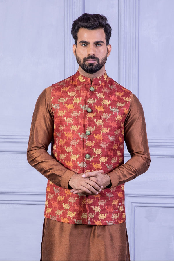 Printed Vest & Solid Red Kurta