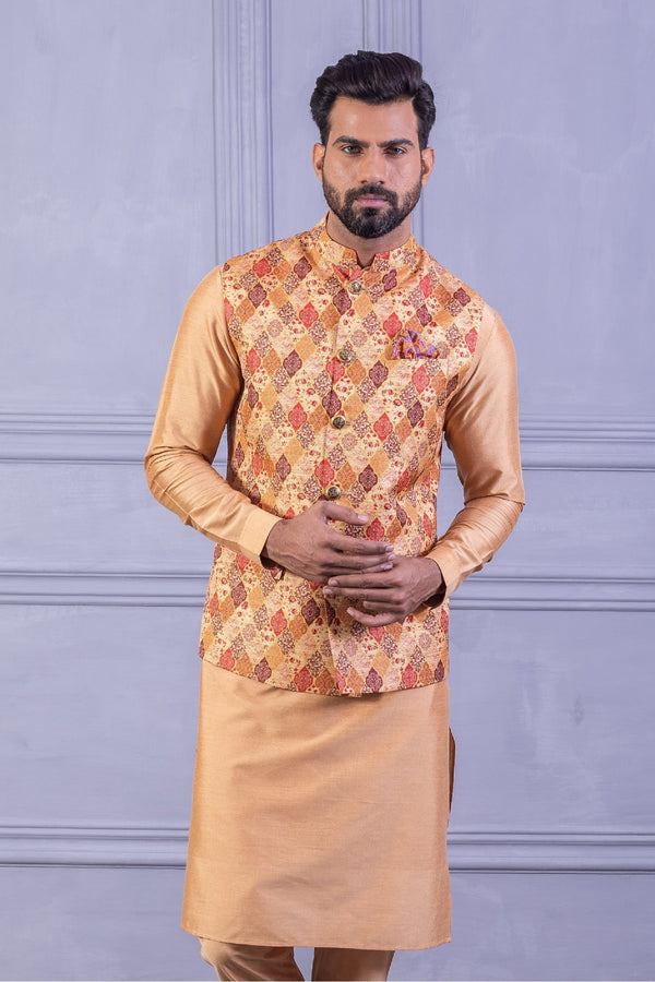 Printed Vest & Solid Beige Kurta