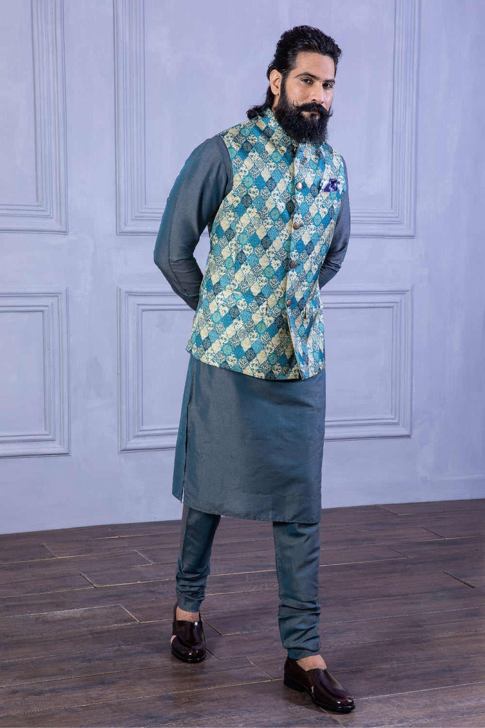 Teal Blue Printed Folk Vest & Solid Kurta Set
