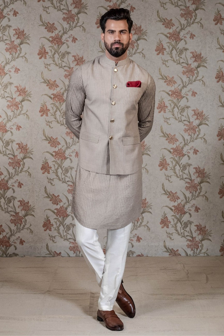 Pintuck Kurta & Beige Vest Set