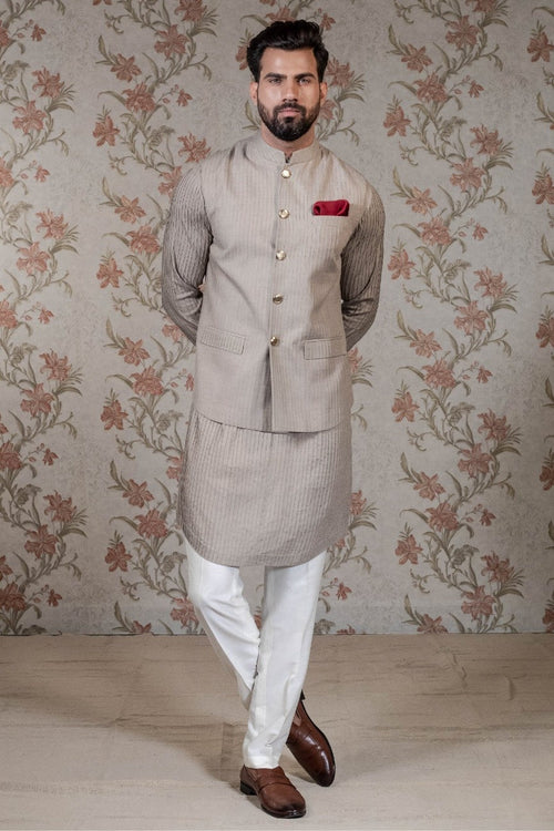 Pintuck Kurta & Beige Vest Set