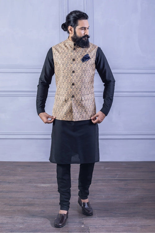 Printed Vest & Solid Black Kurta