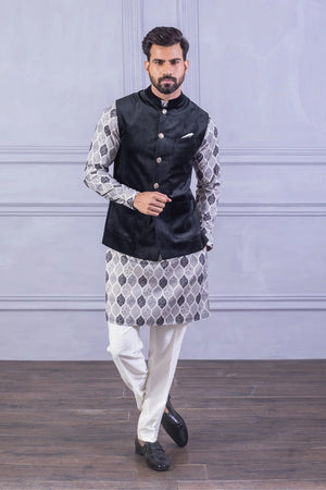 Velvet Vest & Black Printed Kurta