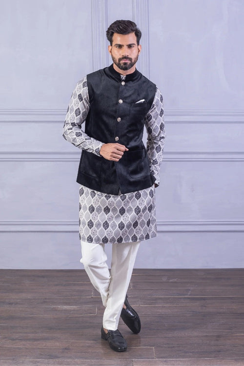 Velvet Vest & Black Printed Kurta