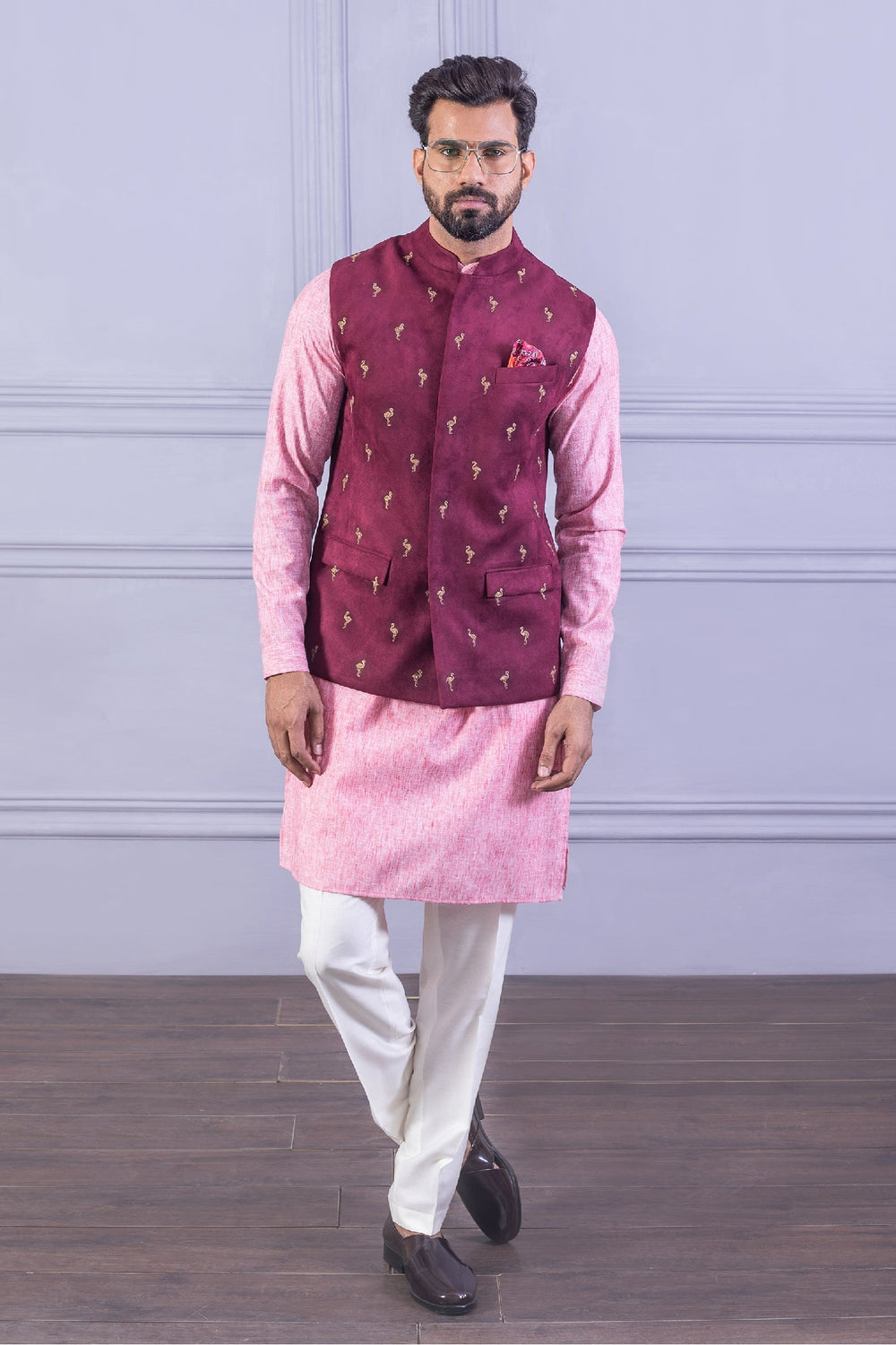 Pink Suede Embroidered Vest Set