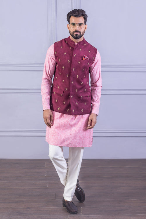 Pink Suede Embroidered Vest Set