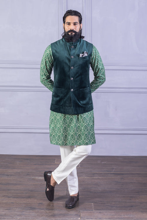 Velvet Vest & Printed Green Kurta