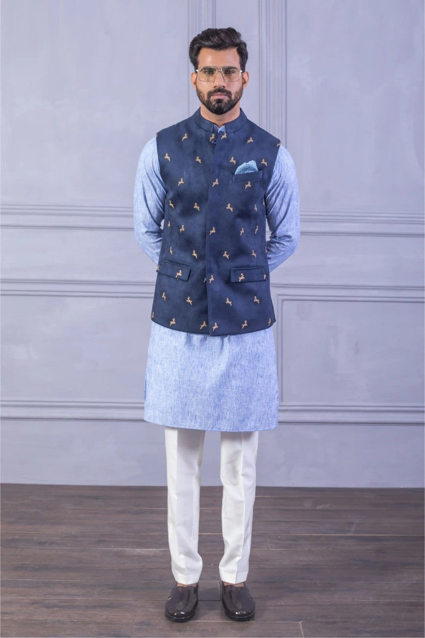 Blue Linen Kurta with Embroidered Suede Waistcoat