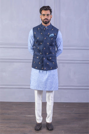 Blue Linen Kurta  with Embroidered Suede Waistcoat