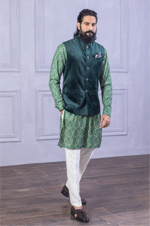 Velvet Vest & Printed Green Kurta