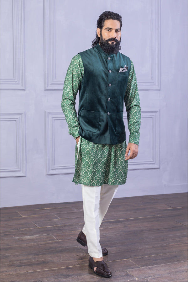 Velvet Vest & Printed Green Kurta