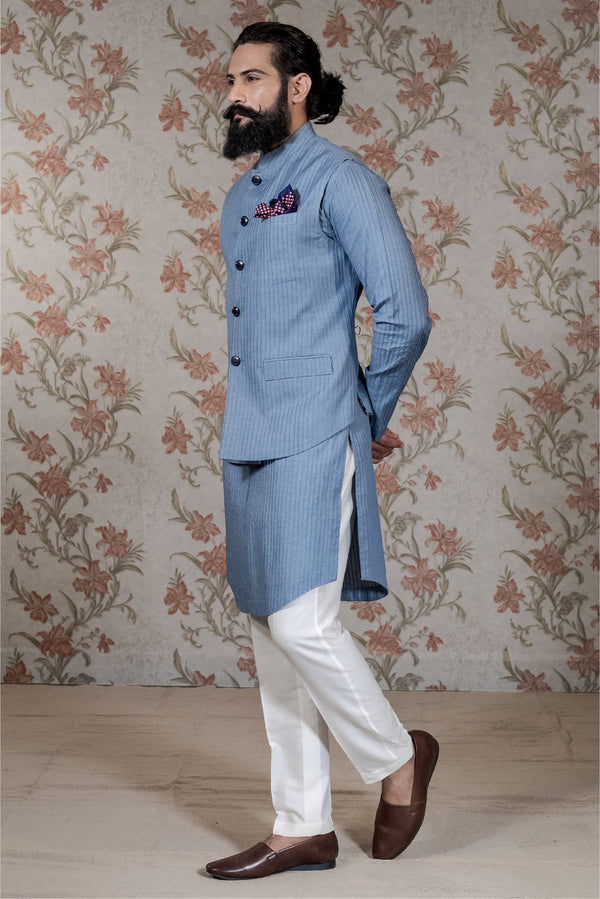Pintuck Kurta & Blue Vest Set