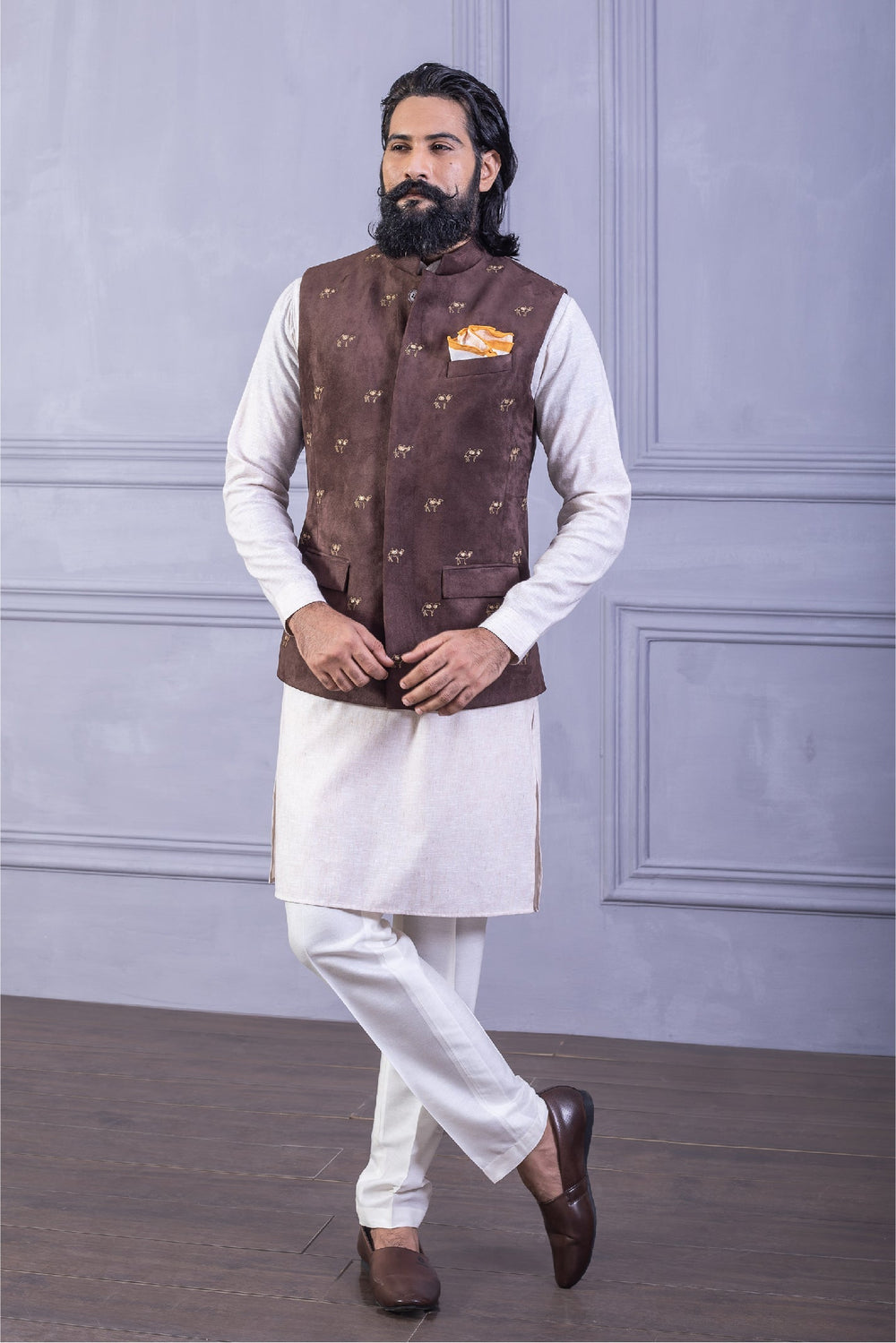 Brown Suede Embroidered Vest Set