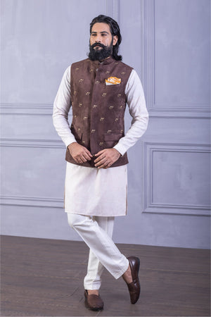 Brown Suede Embroidered Vest Set