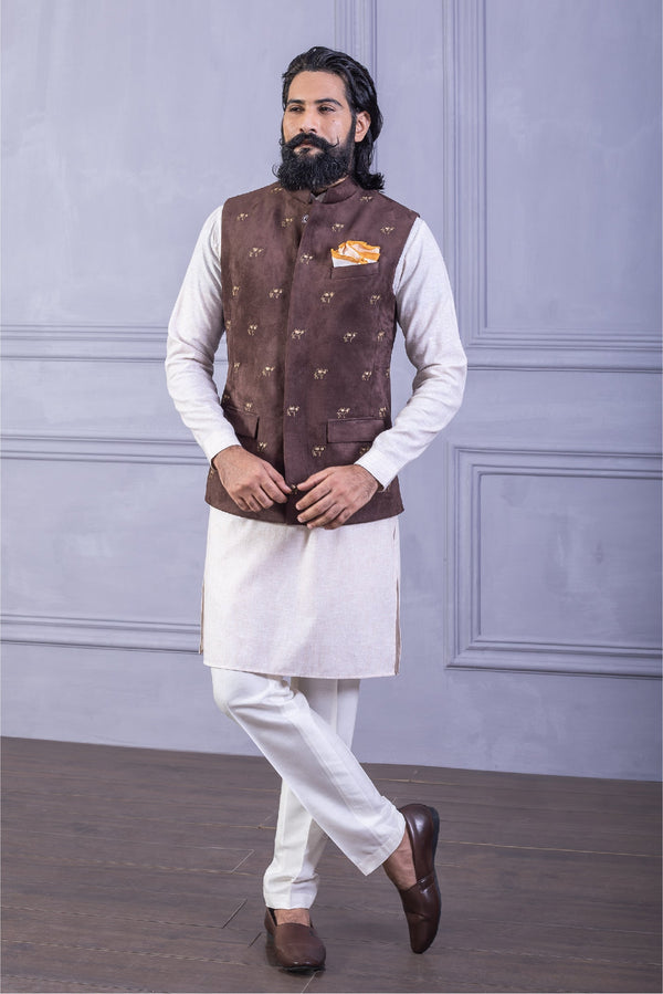 Brown Suede Embroidered Vest Set