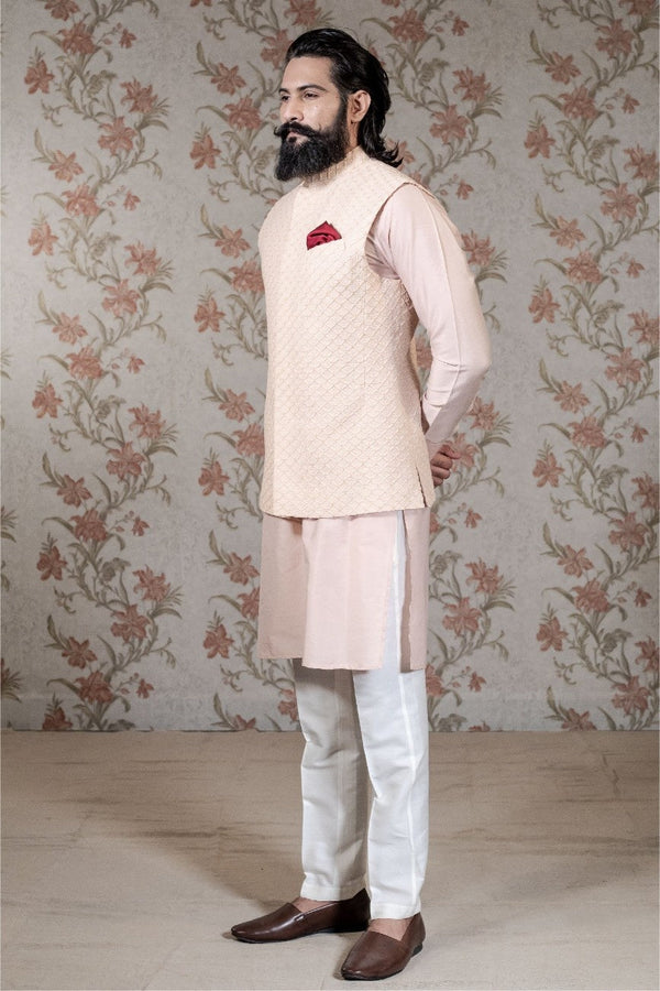 Peach Kurta with Embroidered Silk Waistcoat