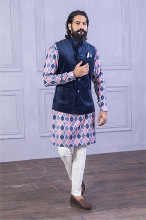 Velvet Vest & Printed Dark Blue Kurta