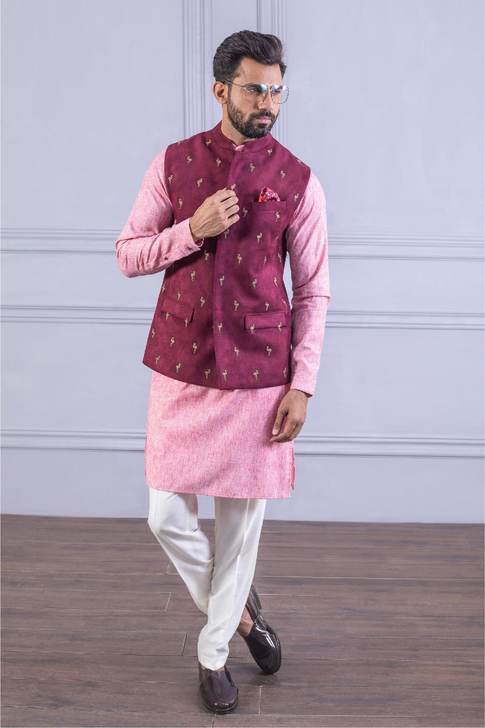 Pink Suede Embroidered Vest Set