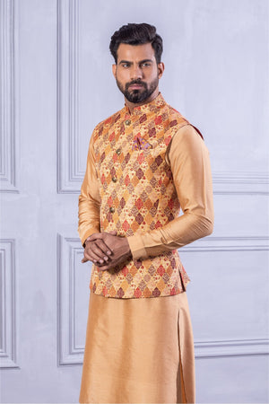 Printed Vest & Solid Beige Kurta
