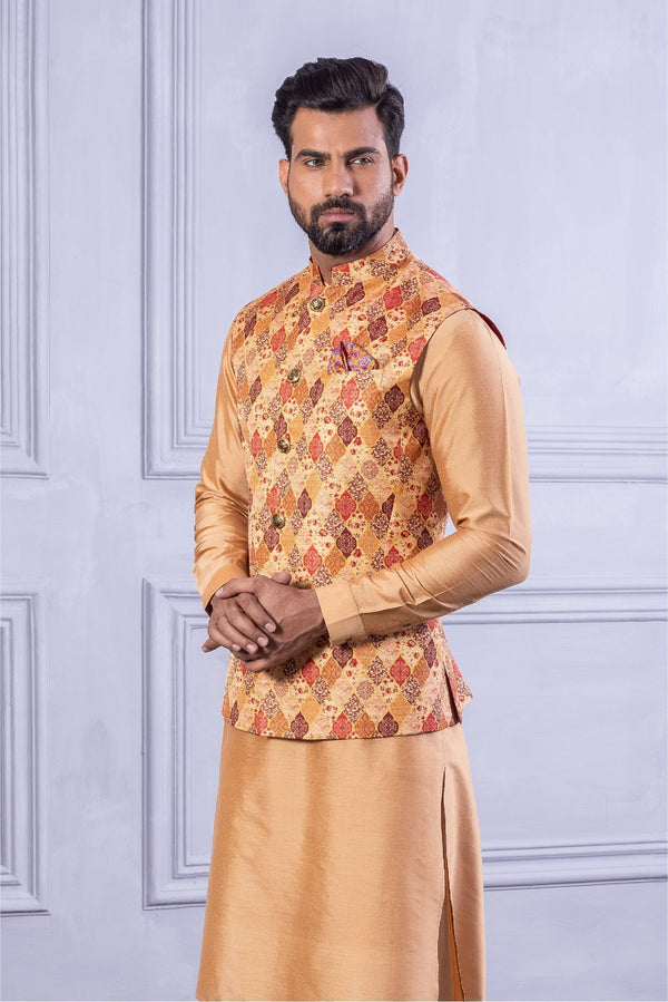 Printed Vest & Solid Beige Kurta