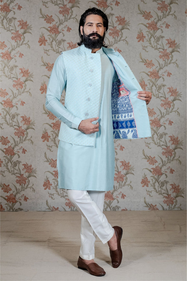 Embroidered Vest & Plain Blue Kurta Set