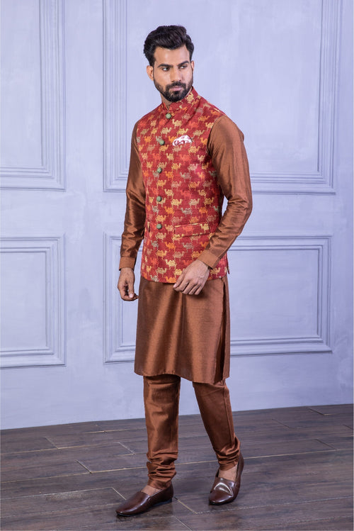 Printed Vest & Solid Red Kurta