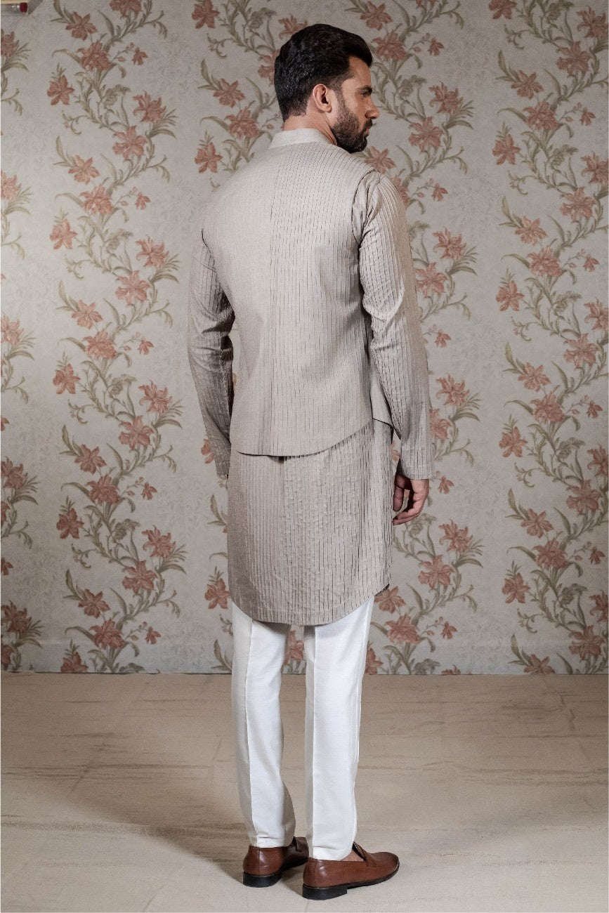 Pintuck Kurta & Beige Vest Set
