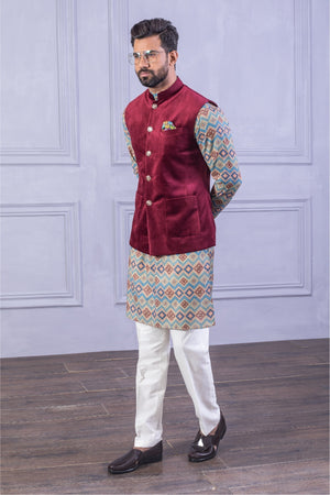 Velvet Vest & Printed Red Kurta