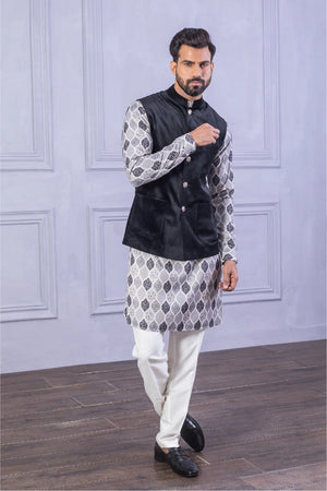 Velvet Vest & Black Printed Kurta